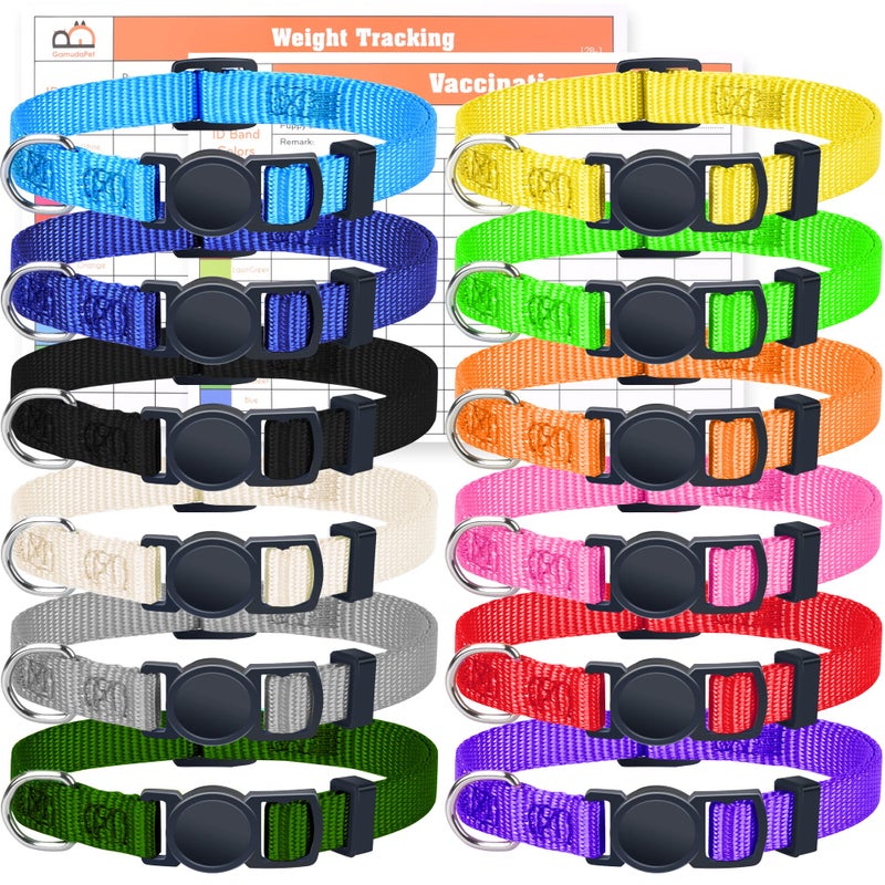 GAMUDA Puppy ID Collars - Super Soft Nylon Whelping Set - Adjustable Breakaway Litter for Pups - Assorted Colors Plain & Identification With 2 Record Keeping Charts - Set of 12 (S) - Image 1